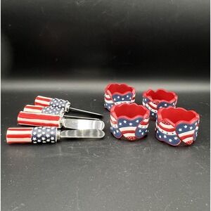 Patriotic Hearts FLAG Plastic Napkin 4 Rings and 4 Knives Spreaders ~ Set of 8